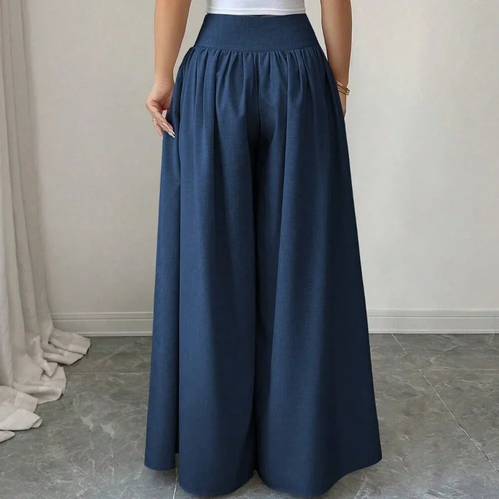 Blue Casual Women's Elegant Floral Buckle Design Loose Pants